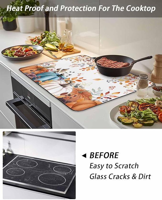 Stove Top Covers for Electric Stove 31x24 Inches, Fall Pumpkins HeatResistant Glass Cooktop Protector, Thanksgiving Weeping Leaves Watercolor Ceramic Stovetop Countertop Covers Vintage Mat, Oven Cover
