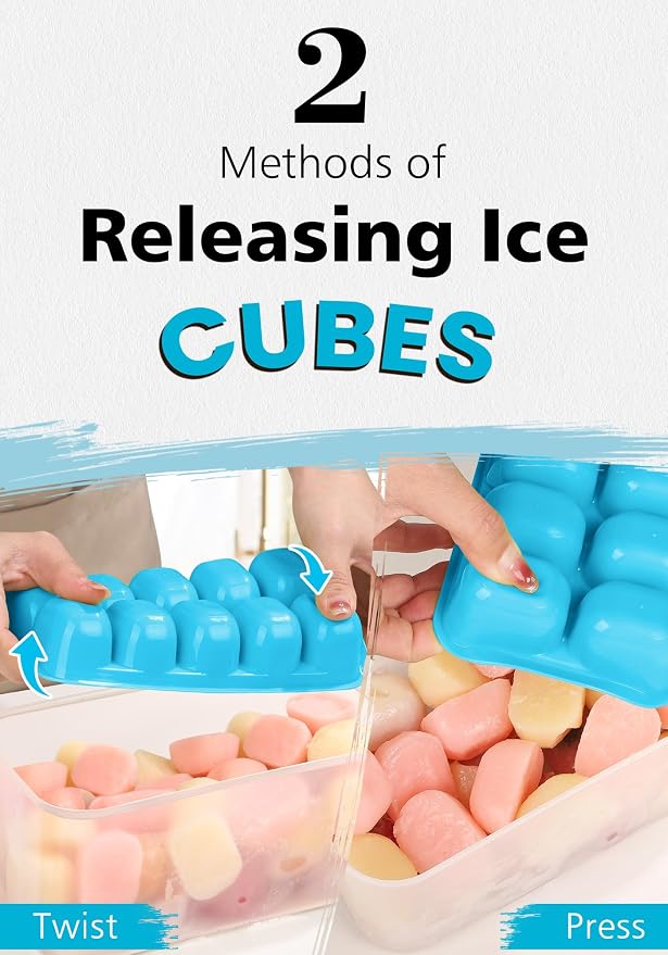 DOQAUS Ice Cube Tray with Lid and Bin, 4 Pack Ice Bucket Kits for RV | Stackable Silicone Ice Trays for Freezer, Easy Pop Out, BPA Free for Cocktail, Coffee, Soup, Food, Kitchen