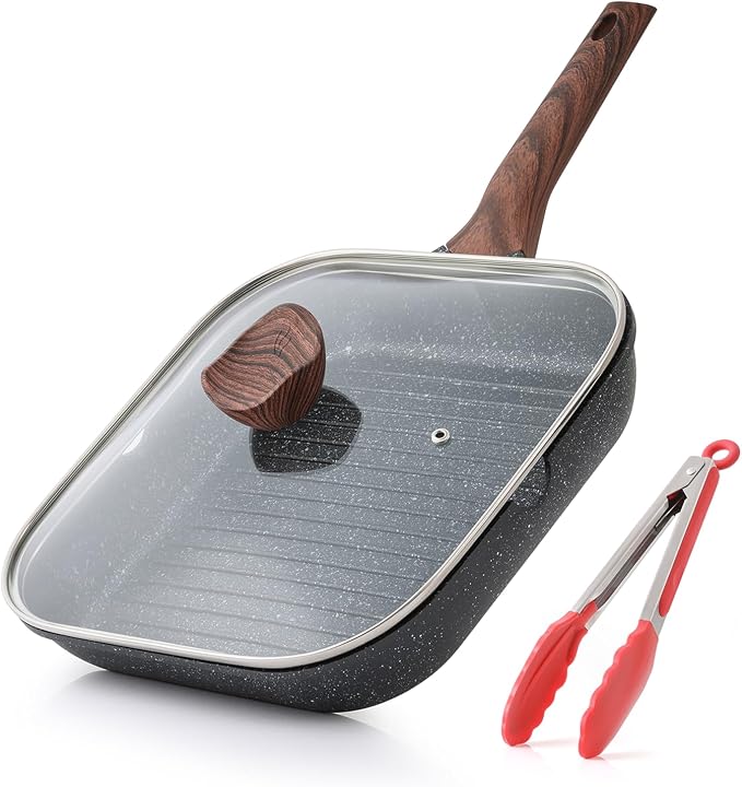 Kordisen Nonstick Grilling Pan with Lid for Stove Tops, 11 Inch Square Grill Pan for Indoor Cooking, Granite Coating Grill Skillet with Pour Spouts, Versatile Griddle, Induction Steak Pan, PFOA Free