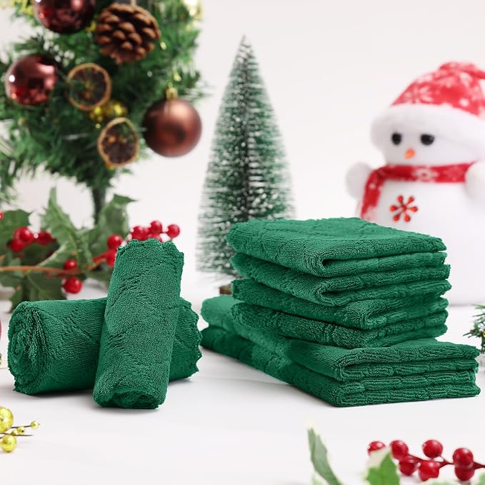 Homaxy 12 Pack Super Soft Absorbent Dish Towels, 10" x 20", Dark Green | Coral Velvet, Nonstick Oil Fast Drying Microfiber Cleaning Cloth, No Lint Dishcloths for washing and drying