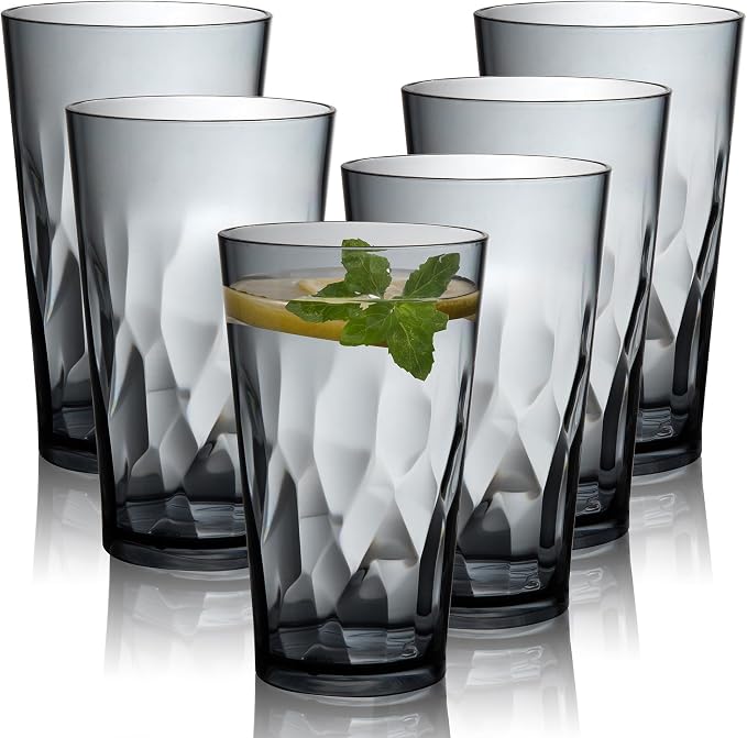 JGIRL Unbreakable Plastic Drinking Glasses,Set of 6,16 Ounces (Grey) | 16 oz plastic Tumbler Cups, Shatterproof Drinking Cups, Plastic glass cup,cups for kitchen ,cup set, Dishwasher Safe