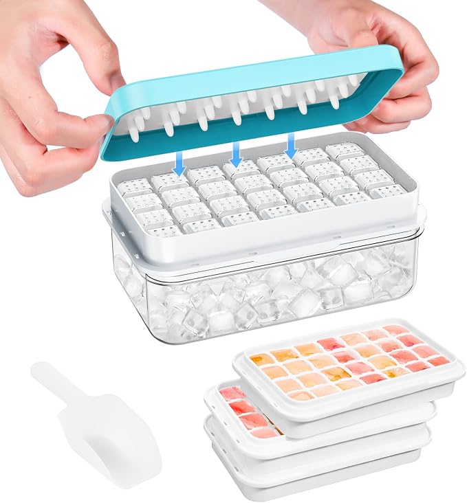 Ice Cube Tray with Lid and Bin, Easy Release 84 Cubes for Freezer | Food-grade BPA-free PP and ABS. Ice cubes for fruit, cocktails, iced coffee. Space-saving stackable with scoop