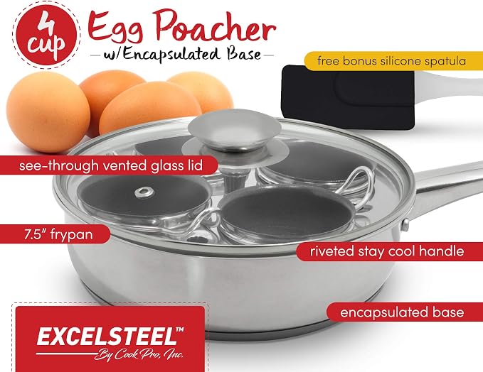 EXCELSTEEL Non Stick Easy Use Rust Resistant Home Kitchen Breakfast Brunch Induction Cooktop Egg Poacher, 4 Cups, 18/10 Stainless Steel