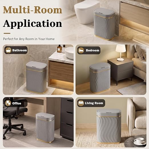 2.6 Gallon Automatic Bathroom Trash Can with Touchless Lid, Grey Gold | Motion Sensor Trash Can with Slim Waterproof Body; Small Plastic Garbage Can, hands-free lid for Bedroom, office, and kitchen