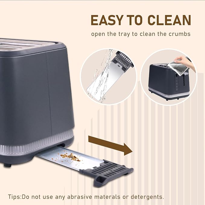Stainless Steel Toaster 2 Slices, Toasters Wide Slot, Bread Toaster with Cancel, Reheat, Defrost Function, Bagel Toasters with Removable Tray & 6 Temperature Settings, LED Display, Grey