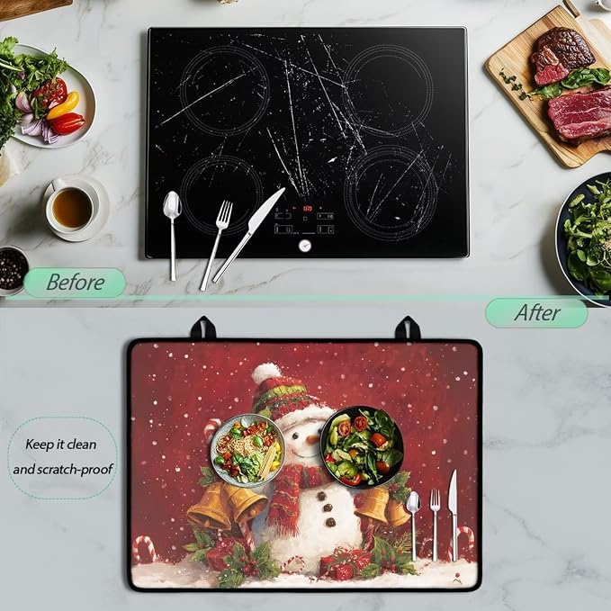 Cute Snowman Bell Print Electric Stove Top Cover Multipurpose Glass Cooktop Protector 29.18 x 20.96 inch Dish Drying Mat Coffee Machine Mat for Flat RV Range Christmas Decor