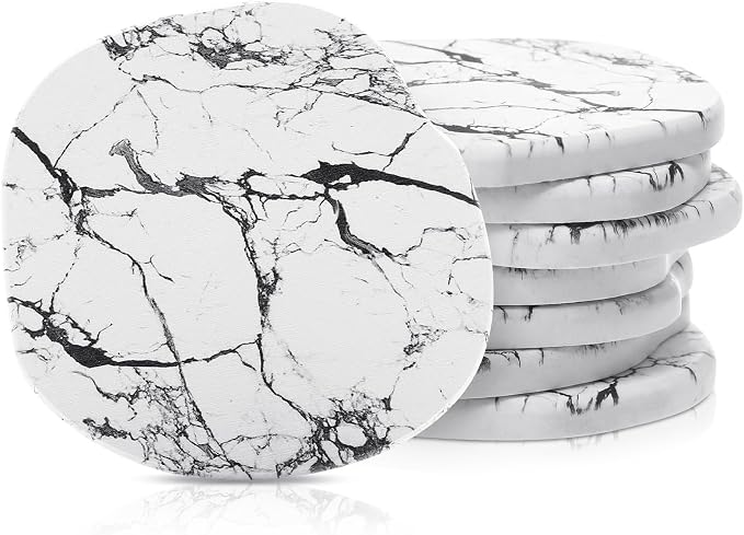 Diatomaceous Earth Coasters Set of 8，Cool Absorbent Quick-Dry Drink Coasters for Desks, Cute Modern Stone Design with Stylish Grey Aesthetic (8, Marble White)