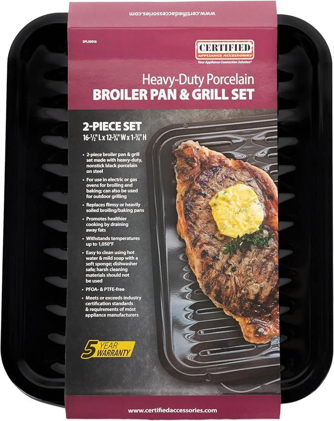 Certified Appliance Accessories Large 2-Piece Broiler Pan & Grill Set Porcelain-on-Steel 16-1/2"x12-3/4"x1-3/4", Universal, Whirlpool, Broiler Pan for Oven, Black