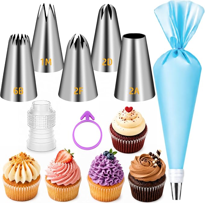 Suuker Large Piping Tips Set, Seamless Cake Decorating Tips | Stainless Steel Icing Tips, Pastry Tips & Piping Bags, Frosting Icing Tips, 1M 2D 2F 6B 2A