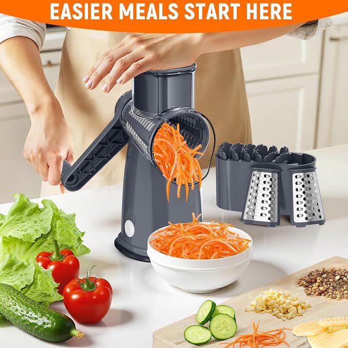 Rotary Cheese Grater Hand Crank with 5 Interchangeable Blades, Vegetable Slicer Chopper for Fruit Vegetable Nuts, Mandoline Slicer for Kitchen with Blades Rack & Suction Base, Grey
