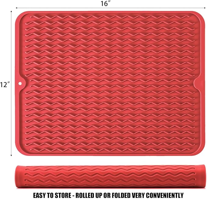 Silicone Dish Drying Mat, Non-Slip Easy Clean Sink Mat, Red, 16" x 12" | Quick-Dry Ridges, Large Heat-resistant Dish Drainer Mat for Kitchen Counter, Hangable & Roll-Up for Storage, Dishwasher Safe
