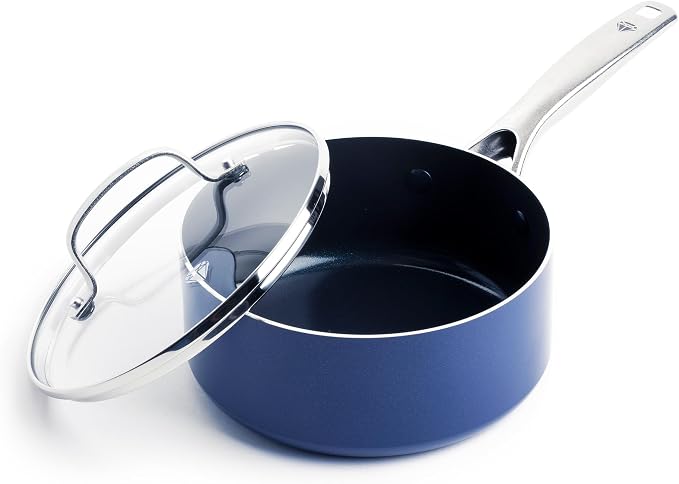 Blue Diamond 2QT Diamond Infused Ceramic Nonstick Sauce Pan with Lid, Blue | PFAS-Free Ceramic Nonstick Chef Pot, Dishwasher & Oven Safe, Durable Metal Utensil Safe, Soups, Glass Lid