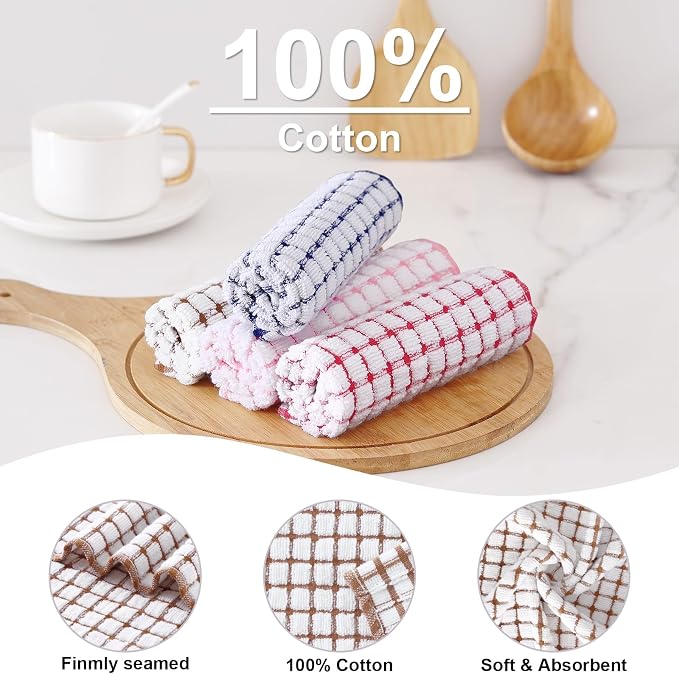 Kitinjoy Cotton 12 Pack Terry Kitchen Dish Cloths, Brown | 12 x 12 Inches Super Soft and Absorbent Dish Rags, Quick Drying Dish towels for Washing Dishes