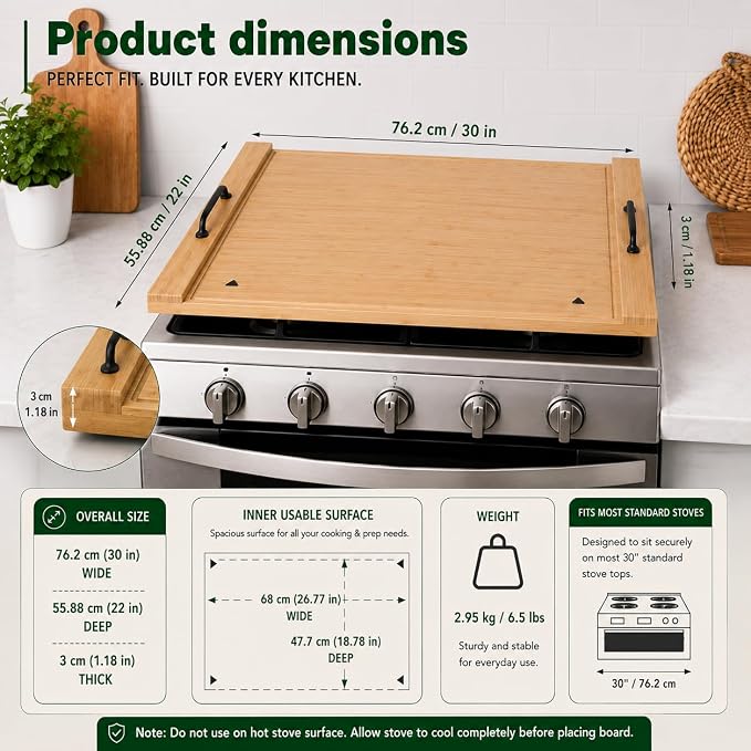 Simba Core & Craft Noodle Board Stove Cover, Bamboo Wood Stove Top Cover for Electric Stove & Gas Burners, 30" x 22" Kitchen Decor for Countertop/Sink Cover/RV Cutting Board & Serving Tray