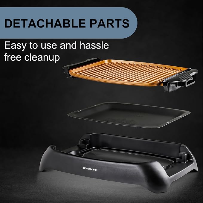 OVENTE Electric Indoor Grill, 13x10 Inch Non-Stick Plate, Copper GD1632NLCO | 1000W Fast Heat Up Power, Adjustable Temperature, Removable and Dishwasher Safe Grilling Plate and Drip Tray