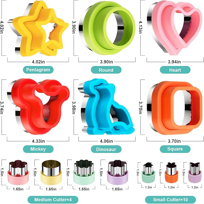 20Pcs Sandwich Cutters & Sealers for Kids Lunch, Cookie Fruit Shape Cutters | Uncrustable Sandwich Maker Vegetable Food Cutter Shapes for Toddlers, Lunch & Bento Box Accessories with Heart Dinosaur Star