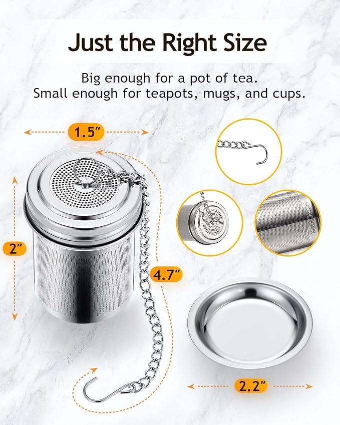 HOUSE AGAIN Tea Infuser, Extra Fine Mesh Tea Infusers for Loose Tea, 18/8 Stainless Steel Tea Strainer with Extended Chain Hook, Tea Steeper for Brew Tea, Spices & Seasonings Small × 2