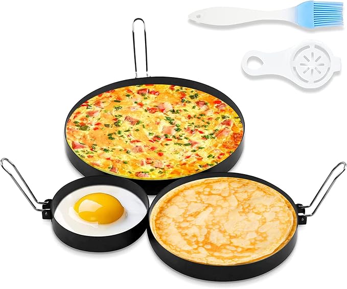 4 Inch Stainless Steel Egg Ring, 6 Inch Non Stick Pancake Ring, 8 Inch Omelet Ring, 3 Pack Egg Poacher Fried Round Egg Cooker Maker Mold for English Muffins with Oil Brush and Egg Separator