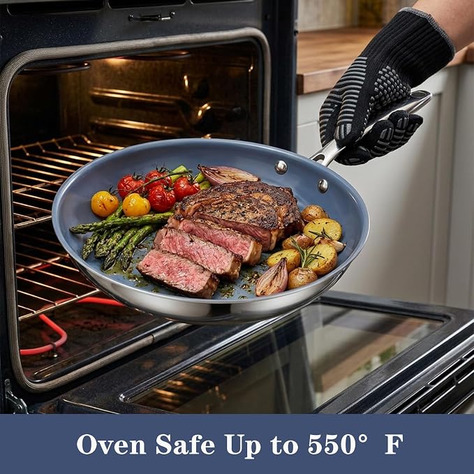 10 Inch Stainless Steel Ceramic Non Stick Frying Pan Skillet with Lid - PFOA Free, Oven Safe 550°F, Dishwasher Safe, Induction Compatible, For Searing Steaks, Cooking Eggs & All Stovetops