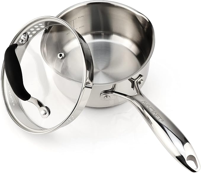 AVACRAFT Stainless Steel Saucepan with Glass Strainer Lid, Two Side Spouts for Easy Pour with Ergonomic Handle, Multipurpose Sauce Pot (5-Ply Capsule Bottom, 1.5 Quart)