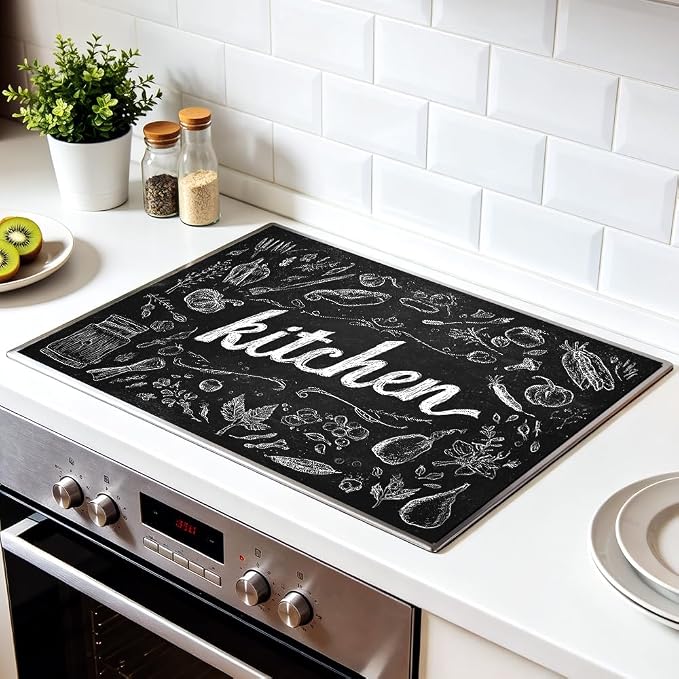 Chalkboard Kitchen Stove Top Cover 28.35x20.47 in Non Slip | Heat Resistant Cooktop Protector Mat with Non-Slip Backing, Scratch Protection and Countertop Drying Mat.