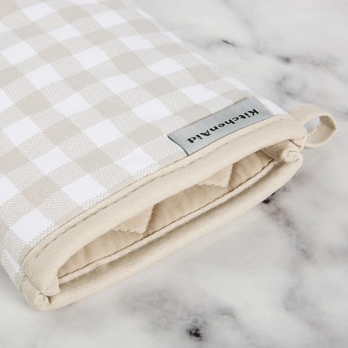KitchenAid Gingham Oven Mitt 2-Pack Set, Milkshake Tan, 7"x13"