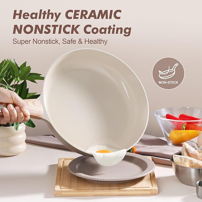 SENSARTE 8inch Ceramic Nonstick Frying Pan Skillet with Lid, Taupe | Non Stick Omelet Pans, Non-toxic Healthy Kitchen Cooking Chefs Pan, PFOA/PFAS/PTFE Free, Induction Compatible