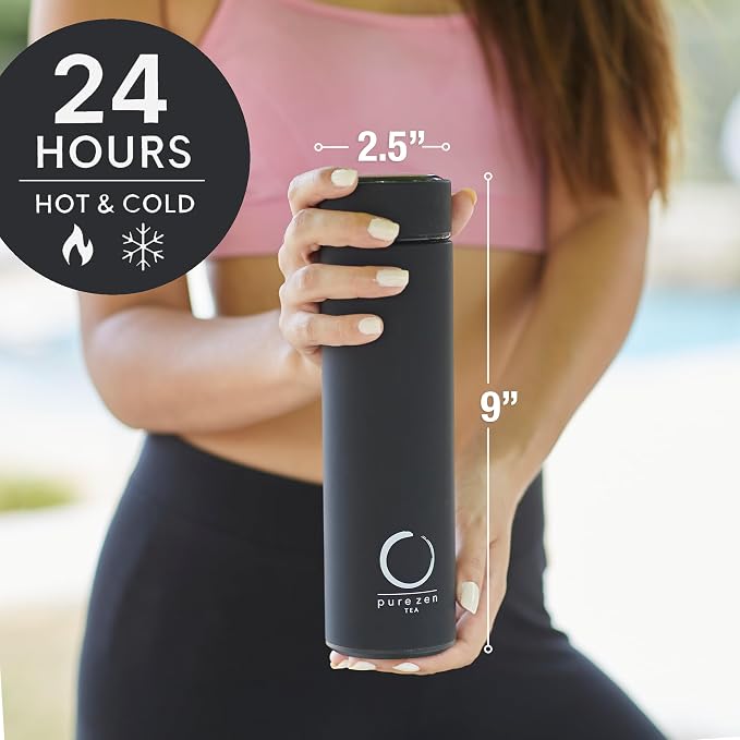 Pure Zen Tea Insulated Tea Infuser Bottle, 15 oz, Tea Thermos with Infuser | Leakproof, Hot and Cold 24 Hrs - for Tea, Coffee and Water, Stainless Steel, Tea Gift Set, Tea Tumbler with Infuser, Blue