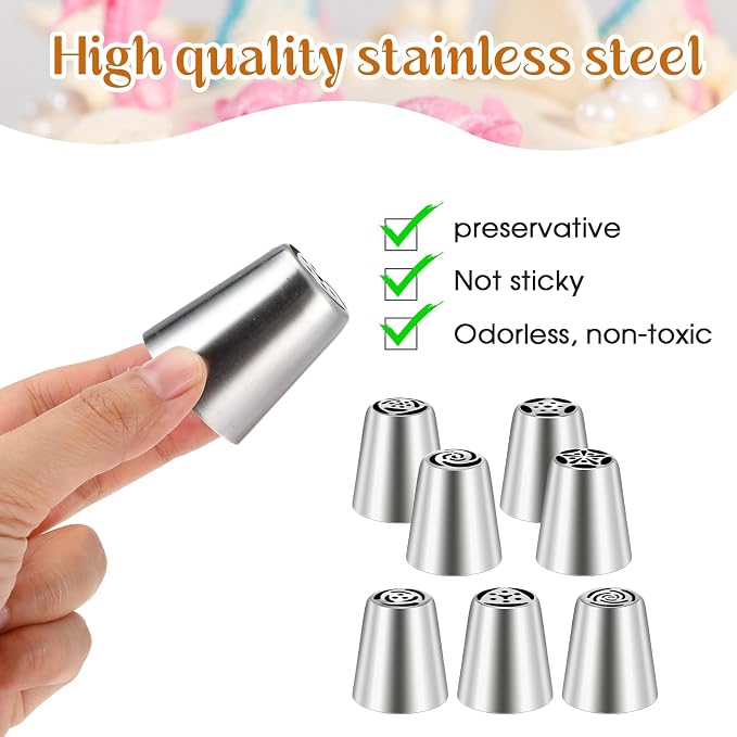 7 Pcs Piping Tips Round Hole Cake Frosting Nozzles Set Stainless Steel Cupcake Decorating Tool Russian Pastry Icing Dispensers for Baking Cookies Puff Cream Bag Filler (Russian medium)