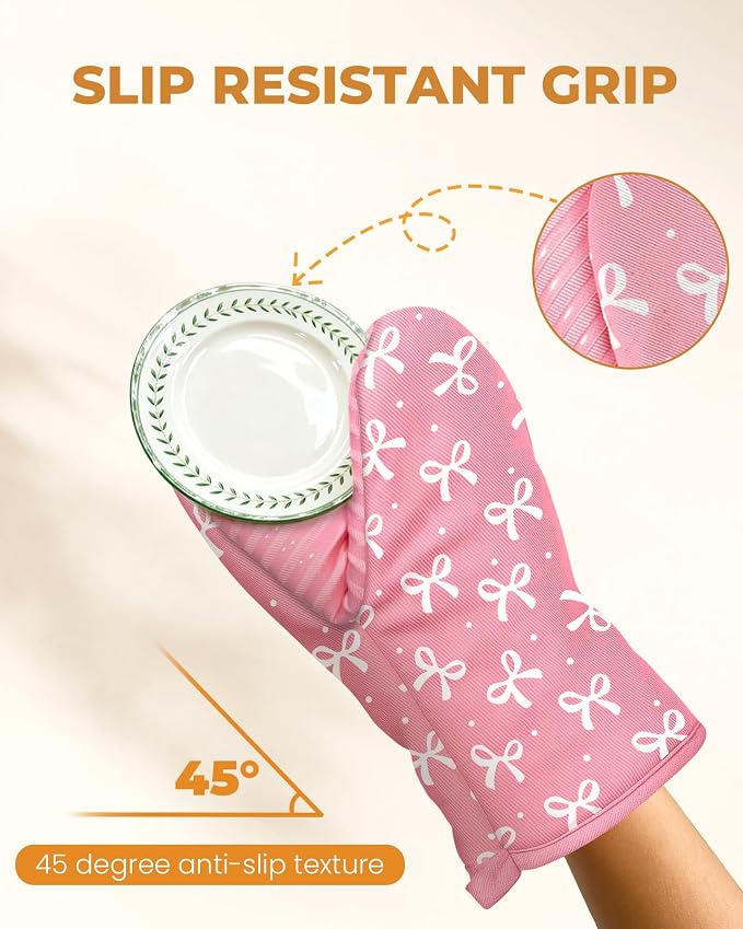 100% Thick Cotton Mini Oven Mitts Silicone Grip Girly Pink Bow | Girly Cute Oven Mitts for Women, Machine Washable, Non-Slip, Reversible Design Fits Both Hands, Stylish Kitchen Decor