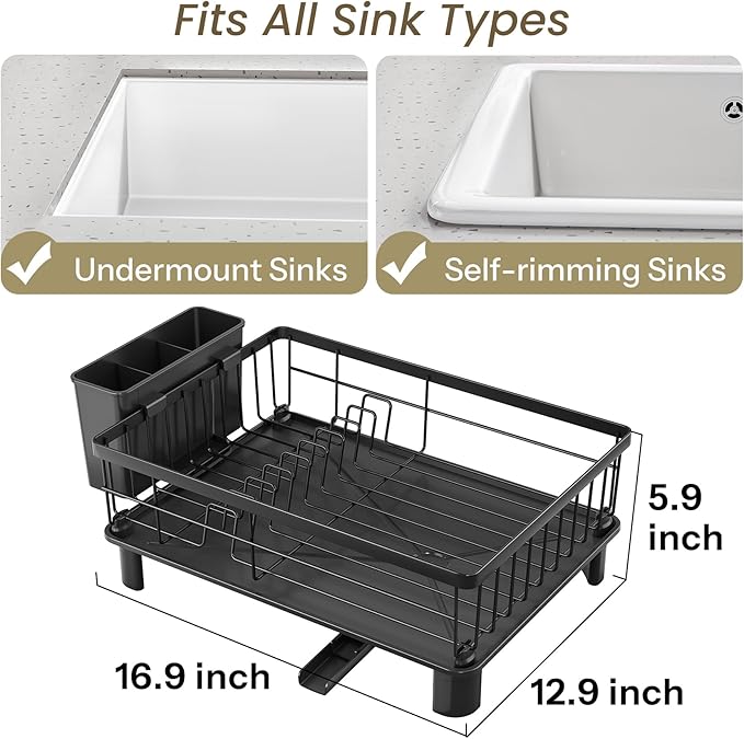 SNTD Dish Drying Rack for Small Kitchen Counter, 12.9" W x 16.9" L, Black | Space Saving, Rotating Spout & Angled Drainboard for Quick Drainage, Stainless Steel, Removable Utensil Holder