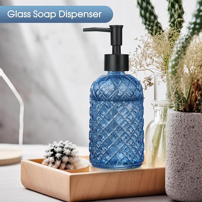Topsky Gem Glass Soap Dispenser with Black Plastic Pump, 13oz Liquid Hand Soap Dispenser, Rustproof Pump for Kitchen & Bathroom, Great for Lotions, Essential Oil, Liquid Soaps-Blue