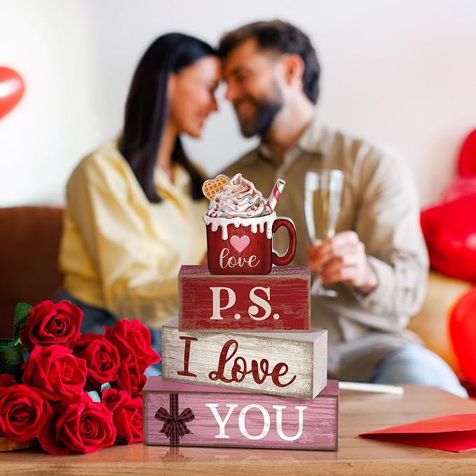 Lineshading 4 Pcs Wooden Block Signs, P.S. I Love You Tiered Tray Decor | Farmhouse Coffee Mug Topper Design, Valentine's Day Tabletop Display, Stackable Set for Home Accents, Distressed Wood