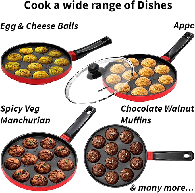 Hawkins Nonstick Appe Pan with Glass Lid, 12 Cups, Diameter 20 cm, Black, Cast Aluminium, Red