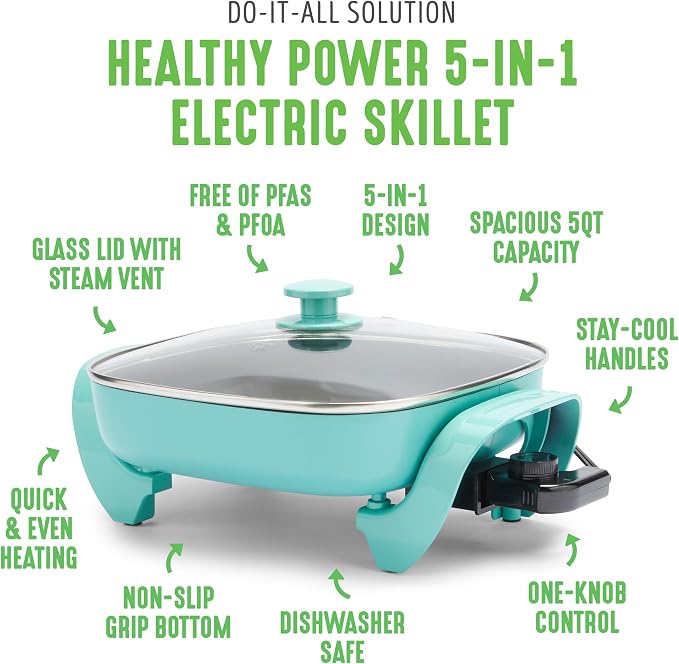 GreenLife 12" 5QT Electric Skillet, Turquoise | PFAS-Free Ceramic Nonstick Coated Interior, Glass Vented Lid, Temperature Control, Dishwasher Safe, Pancakes, Eggs, Bacon
