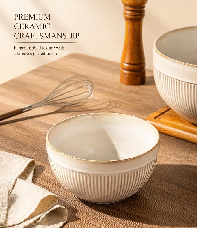 GBhome Ceramic Mixing Bowls Set of 3, Stoneware Nesting Serving Bowls | 45/90/150 oz For Prep, Baking, Serving, Gift, Microwave and Dishwasher Safe, Ribbed Dishware Collection,Cappuccino