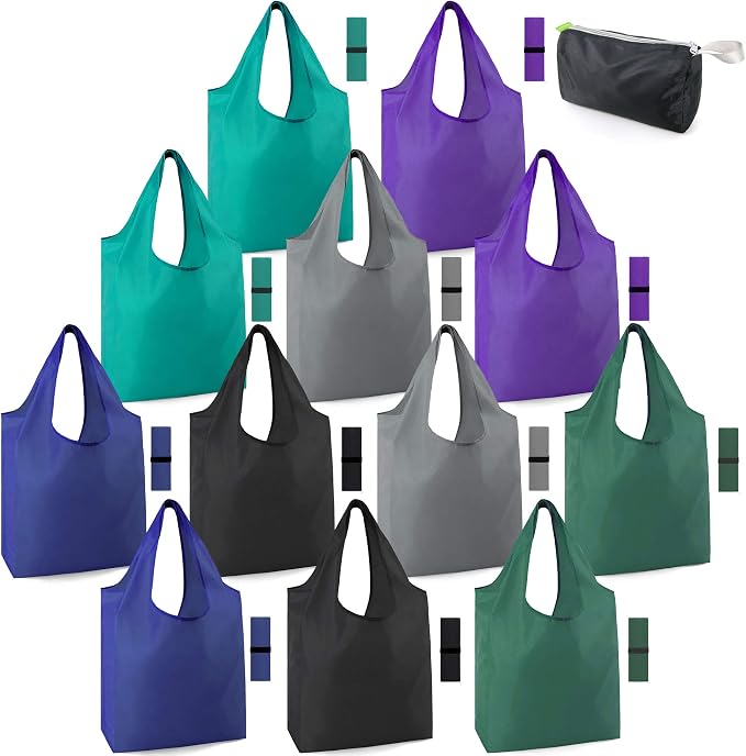 BeeGreen Reusable Bags for Shopping Machine Washable 12 Pack Xlarge Grocery bags Reusable Heavy Duty Folding with Elastic Band Colorful Tote Gift Bags Lightweight Durable Polyester
