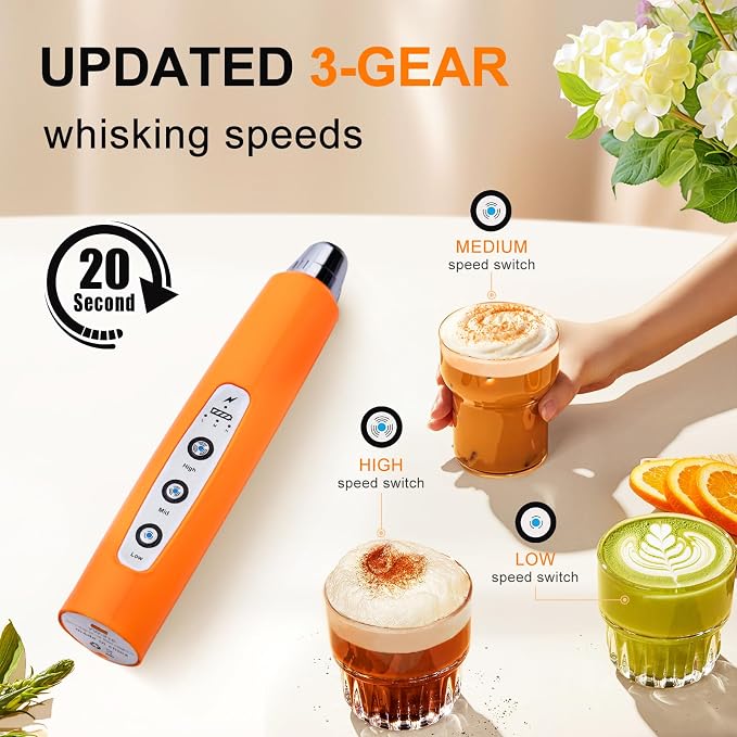 YUSWKO Fluorescence Orange Handheld Milk Frother Wand for Coffee, Rechargeable Electric Whisk with 3 Heads 3 Speeds Drink Mixer Coffee Frother For Latte, Cappuccino, Hot Chocolate, Egg | Drink Mixer Wand Coffee Frother Handheld With 3 Heads 3 Speeds Fo...