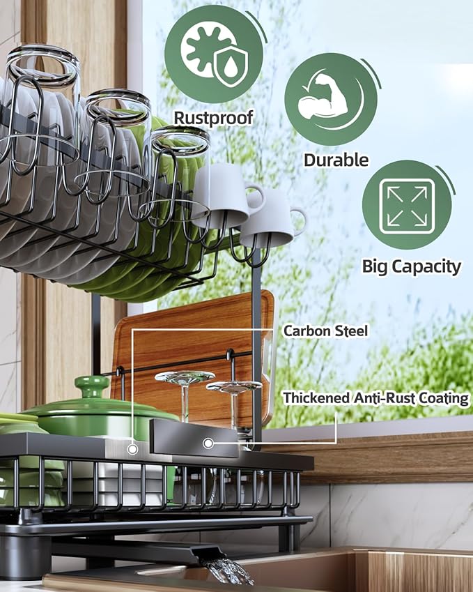 2-Tier Dish Drying Rack for Kitchen Counter, Space-Saving, Black | Rustproof Carbon Steel, Auto Drain Spout, Space-Saving Dish Rack with Drainboard, Utensil & Cup Holders, Countertop Organizer