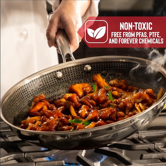 Hell's Kitchen 12-Inch Hybrid Wok, Tri-Clad Stainless Steel, PFAS-Free Ceramic Nonstick, no PFOA, no PTFE, no Teflon, Non-Toxic Cookware, Metal Utensil Safe, All Cooktops and Oven Safe