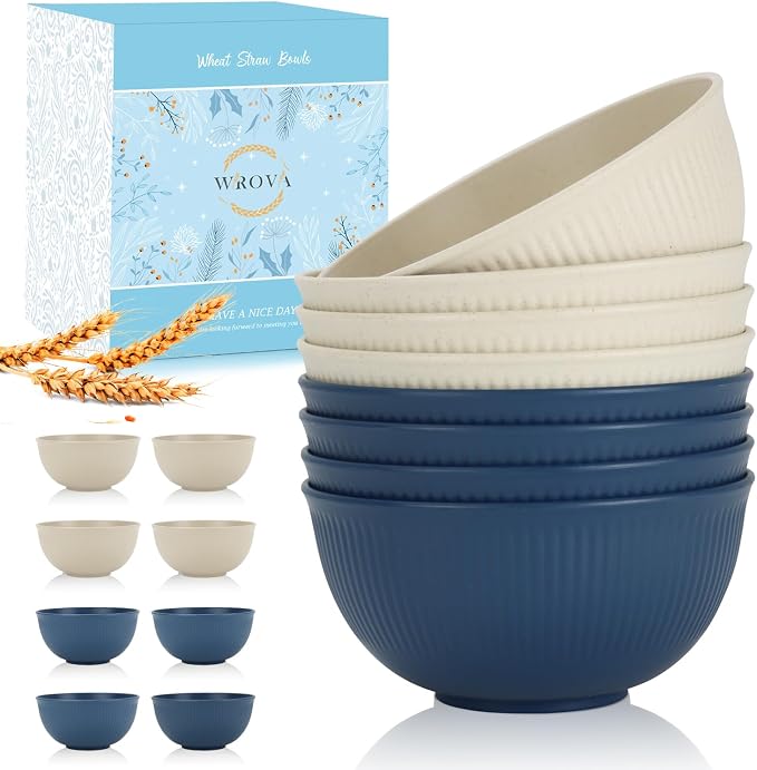 Kids Soup Bowls 8 PCS, Wheat Straw Bowls Set Microwave Safe 26 OZ | Unbreakable Plastic Bowls Reusable, Dishwasher Safe Bowls for Kitchen, Serving Soup, Cereal and Salad, BPA Free, Sea Series