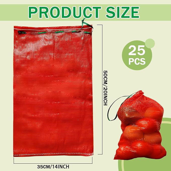 25 Pack 33 LB Mesh Onion Bags,14'' x 20'' Onion Produce Storage Bag,Reusable Breathable Vegetable Storage Net Bags with Drawstring for Onions Vegetables Potatoes Citrus Crawfish