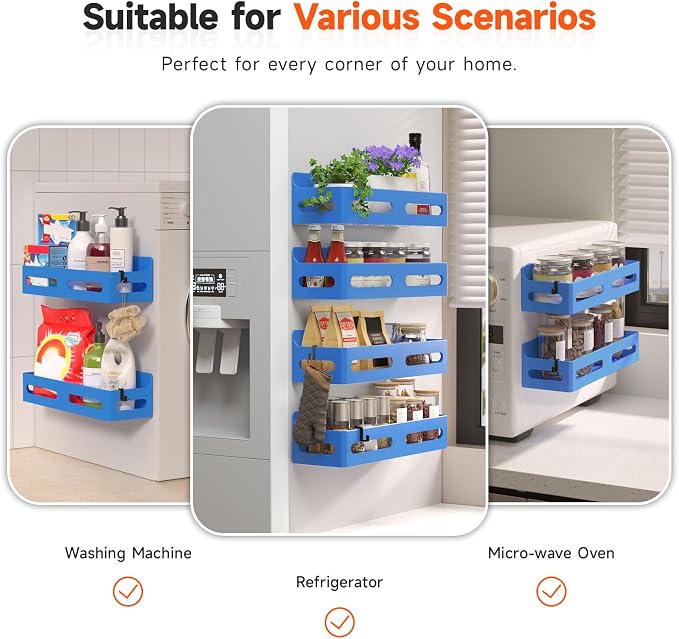 4-Pack Magnetic Spice Rack for Refrigerator with Hooks, Blue | Strong multipurpose magnetic shelf for kitchen & bathroom organization. Includes 4 removable hooks for hanging items.