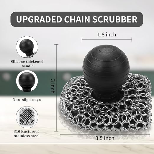 Cast Iron Scrubber with Pan Scraper, 316 Chainmail Scrubber for Cast Iron | Upgraded Chain Mail Scrubber Dish Sponge, Cast Iron Cleaner for Pan Skillet Carbon Steel, Dutch Oven Metal Brush Cleaning Kit