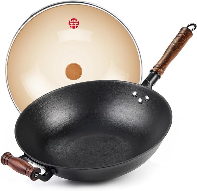WANGYUANJI 12.6" Cast Iron Wok with Glass Lid, Flat Bottom | Uncoated cast iron wok with glass lid for stir-frying on induction, gas and electric stoves.