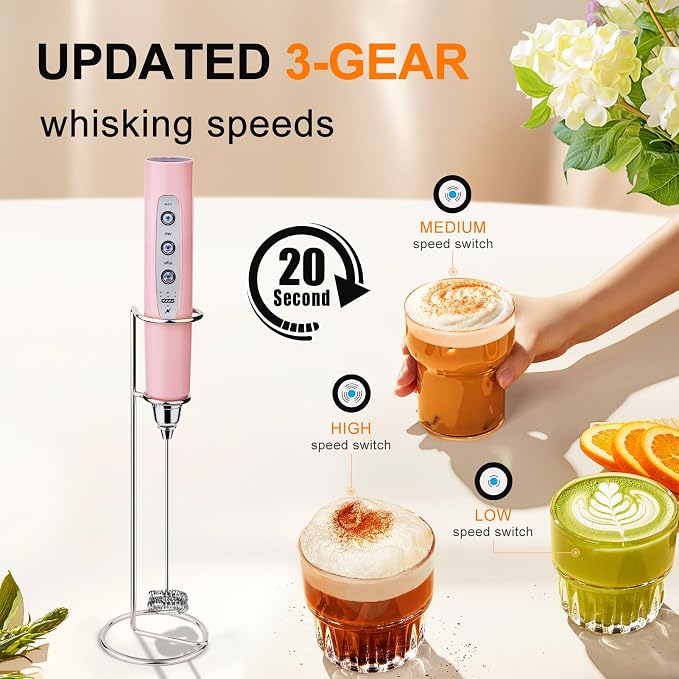 YUSWKO Handheld Milk Frother Wand for Coffee, Rechargeable Electric Whisk with 3 Heads 3 Speeds Drink Mixer Coffee Frother For Latte, Cappuccino, Hot Chocolate, Egg, Pink with Holder