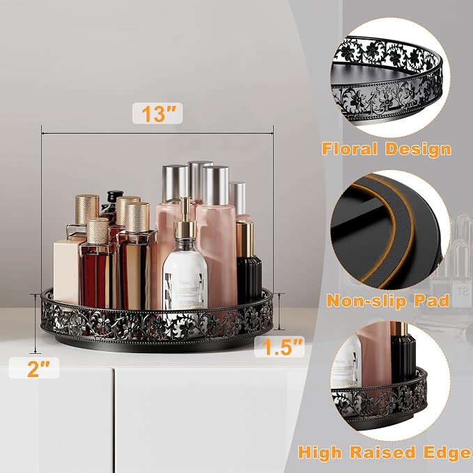 13 inch Lazy Susan Turntable Organizer, Black | Large Rotating Spice Rack, For Dining Table Top, Cabinet Countertop Pantry, Kitchen Cupboard Bathroom