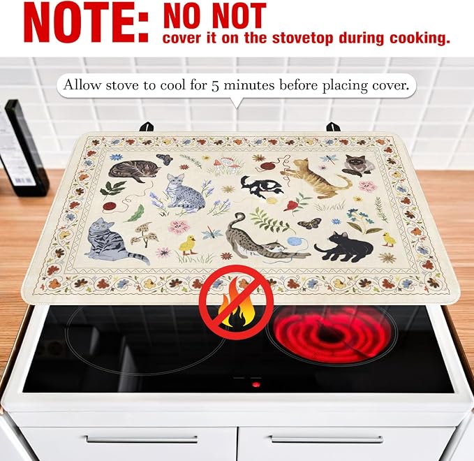 Boho Glass Stove Top Cover for Electric Stoves,Flower Floral Animal Cat Farmhouse Stove Top Cover for Kitchen Decor,Heat Resistant Cooktop Protector Mat,Non-Slip Washable Dish Drying Mat 28"x20"