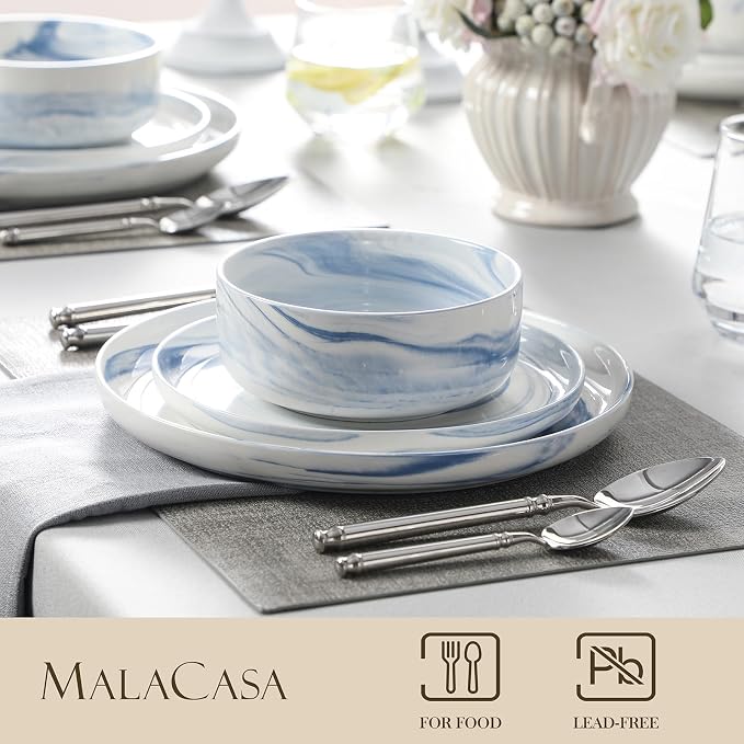 MALACASA 12 Pcs Porcelain Plates and Bowls Sets,Dinnerware Set for 4,Blue | Modern Ceramic Dishware Set,Kitchen Dining Ware,Microwave and Dishwasher Safe,Unique Marble Blue Design,Series LUNA