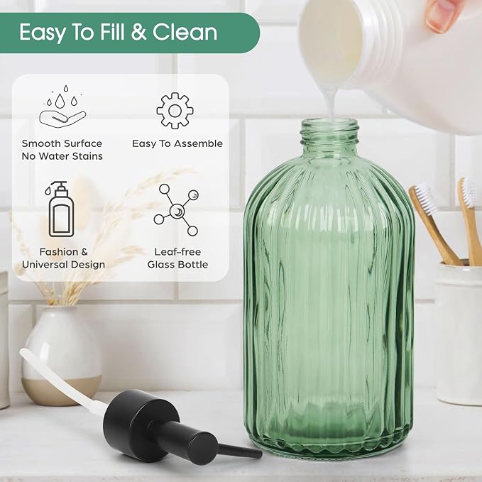 Topsky Glass Soap Dispenser with Black Plastic Pump, 400ml Army Green | Refillable Liquid Hand Soap Dispenser, Rustproof Pump for Kitchen & Bathroom, Great for Lotions, Essential Oil, Liquid Soaps